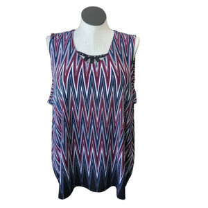 CJ Banks Women's 2X Sleeveless Tunic Burgundy Blue Chevron